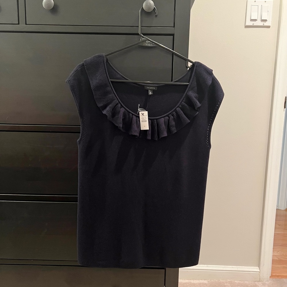 Talbots navy ruffle sweater with short sleeves, size M, NWT
